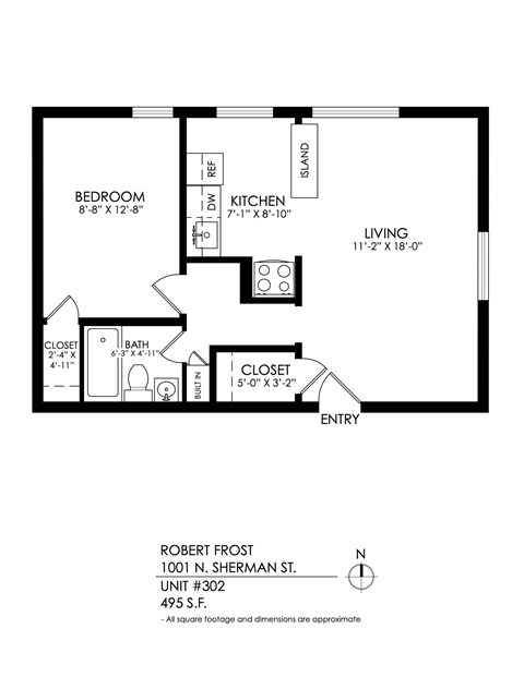 Floor plan for 1 bed, 1 bath, 470 sqft